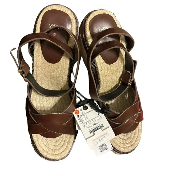 NWT Zara Dark Chocolate Brown Leather Strapy Straw Espidrille Platform Wedges 39 - Picture 3 of 8